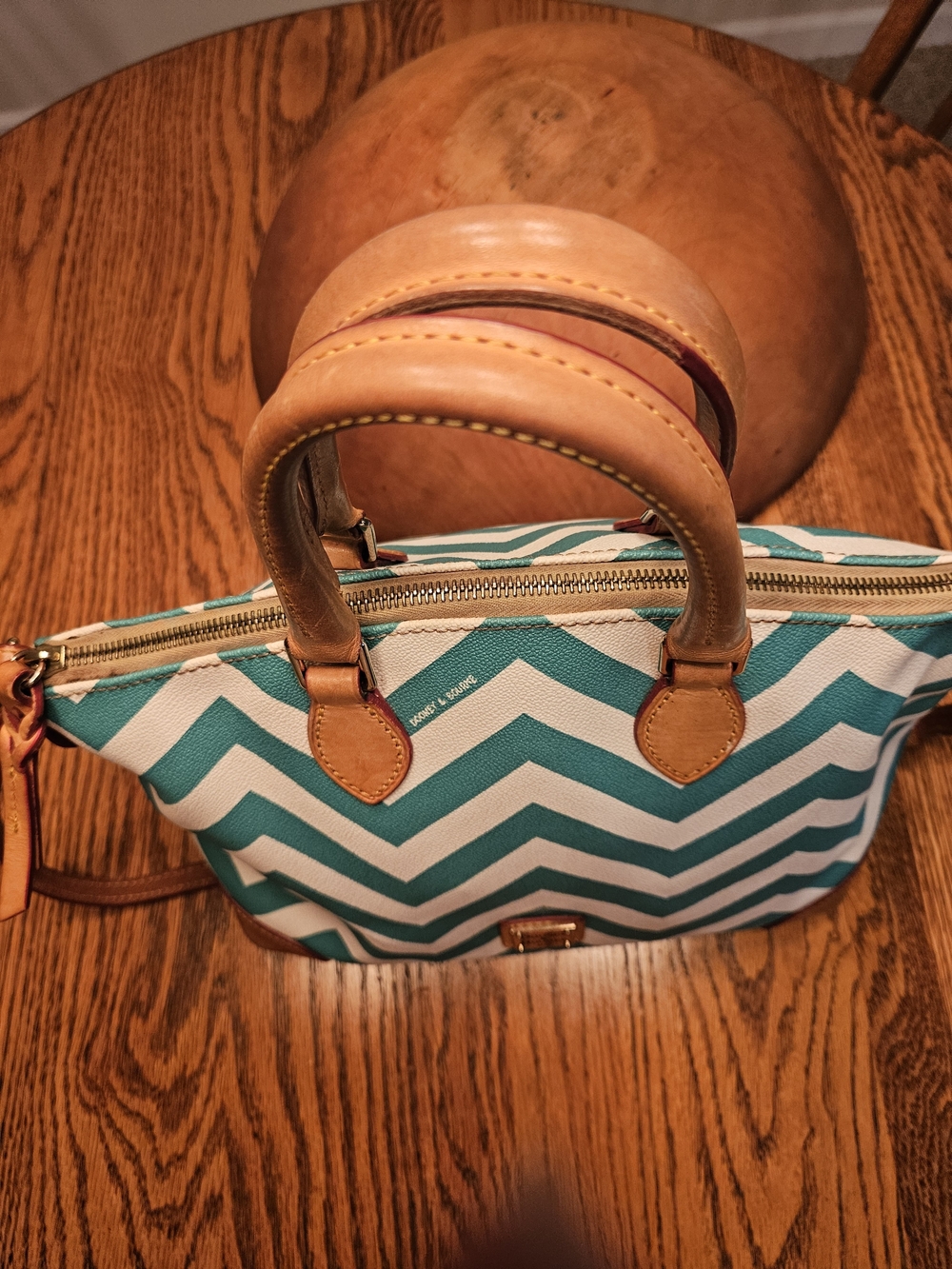 Dooney & Bourke Teal Chevron Satchel with Tan Leather Trim - Picture 9 of 11